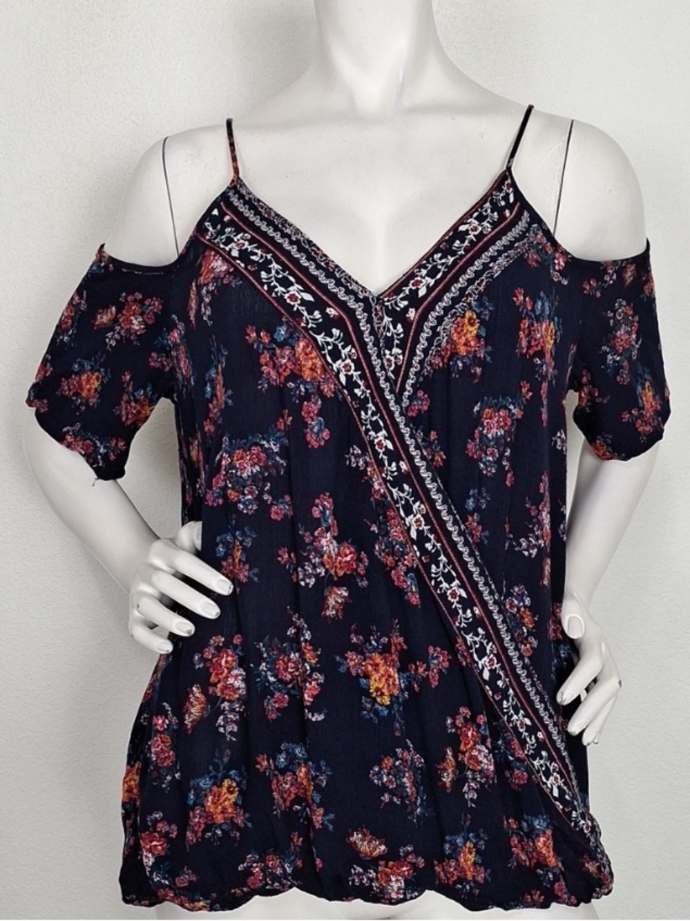 Pink Rose Navy Blue Multi Floral Cold Shoulder Boho Cottagecore Blouse Size XL